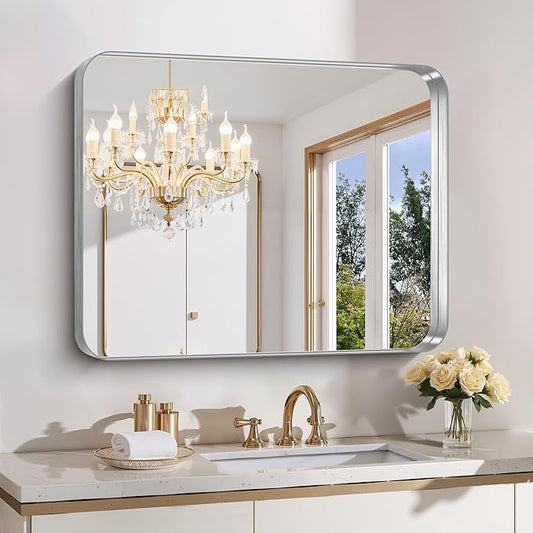 FORBATH 30x36 Inch Bathroom Mirror, Brushed Silver Deep Frame Wall Mirror with Rounded Corners, Anti-Rust Tempered Glass for Modern Farmhouse Vanity (Horizontal/Vertical Hanging)