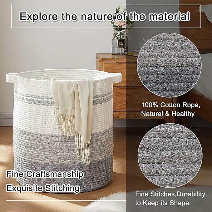 OIAHOMY 80L Laundry Hamper with Handles,Decorative Basket for Living room,Woven Storage Basket for Toys Bin,Pillows, Blankets,Clothes-20x18in-Gradient Gray