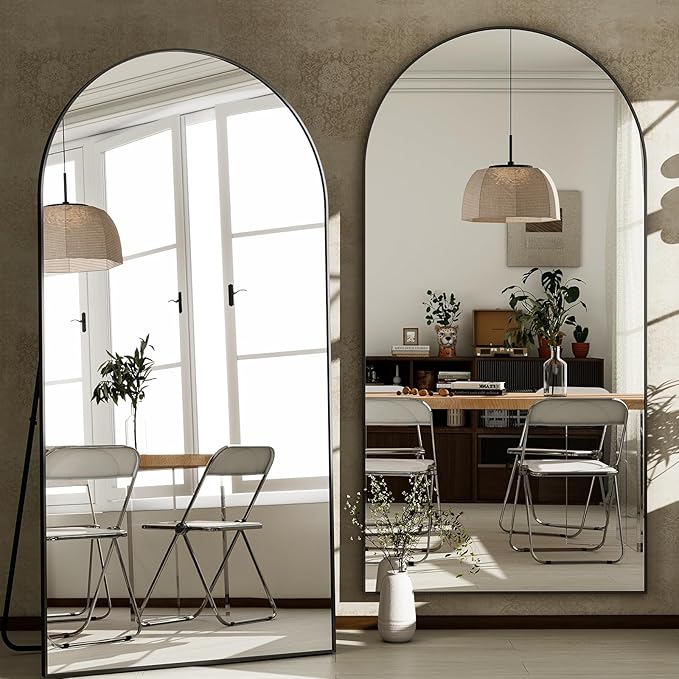 GLSLAND 35x78 inch Arched Full Length Mirror - Aluminum Alloy Frame Floor Mirror with Stand High Definition-Full Body Mirrors for Bedroom or Living Room,Black