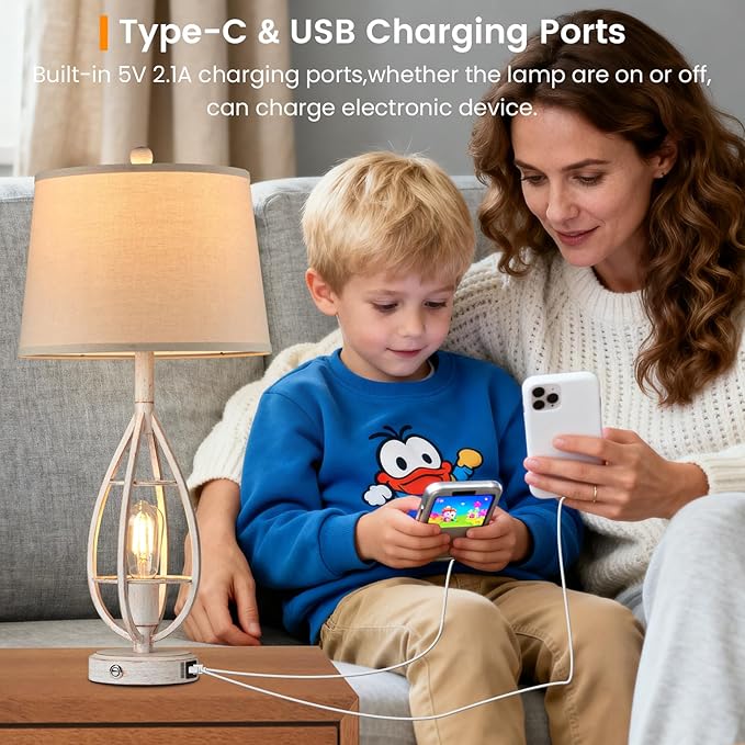 27.8" Farmhouse Table Lamps for Living Room Set of 2 - Beside Touch Lamps for Bedroom with USB C+A, Rustic Vintage Retro Lamps for Night Stands, Bulbs Included (White)