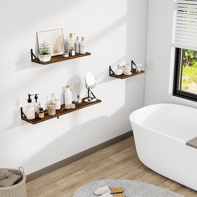 Dreamland Dark Brown Floating Shelves, 24W x 8D Wall Mounted Shelves Set of 2, Wide Display Ledge Shelf with Sturdy Metal Brackets for Living Room, Bathroom, Bedroom and Kitchen