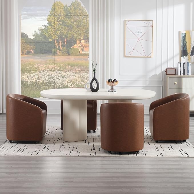 Modern Barrel Upholstered Dining Chairs with Swivel Casters Set of 6, Brown Faux Leather Back Accent Side Chair for Dining Room Living Room