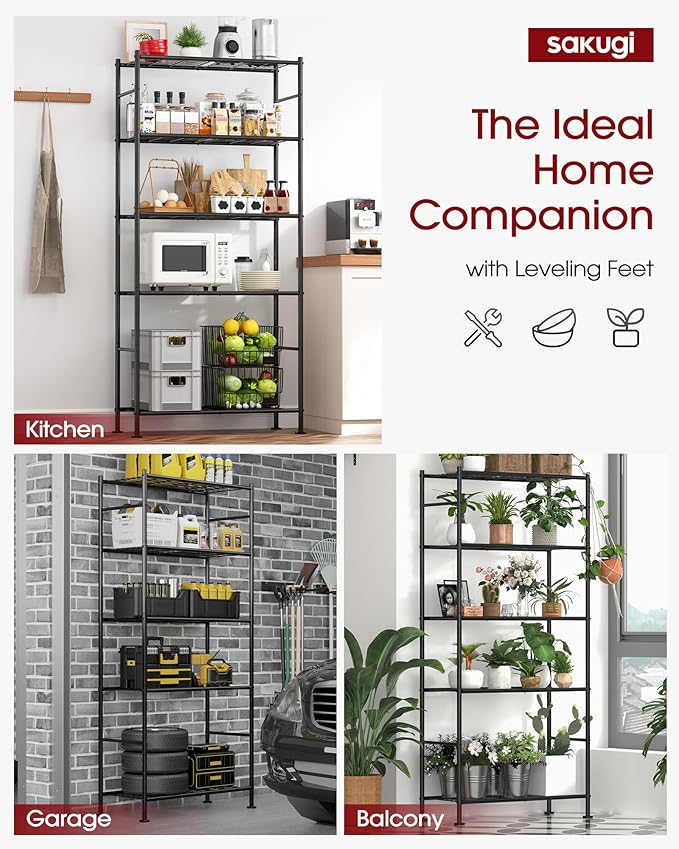 Storage Shelves Organizer - 5 Tier Metal Shelf Organizer with Metal Wheels and Adjustable Leveling Feet, Heavy Duty Garage Shelving for Kitchen, Pantry and Closet, 33.1"x12.6"x73.5", Black