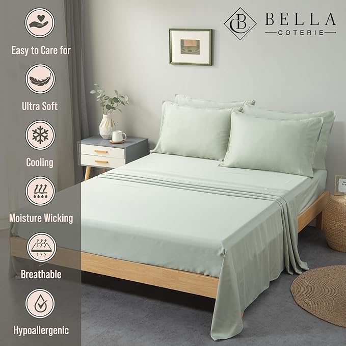 Bella Coterie 7 Piece Luxury Bamboo Viscose Split King Size Sheet Set | 2 Fitted Sheets for Adjustable Beds | 100% Organically Grown | Cooling for Hot Sleepers | 4 Pillowcases [Sea Glass]