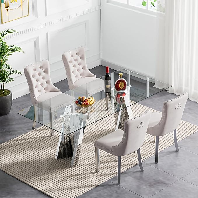 Goujxcy 70" Glass Dining Table Set for 4, Modern Silver Dining Table Set with 4 Beige Velvet Upholstered Dining Chairs, 5 Piece Kitchen Dining Room Table Set with Stainless Steel Legs