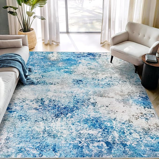 5x7 Washable Area Rugs - Living Room Rug Neutral Modern Abstract Large No Slip Soft Thin Rug Indoor Floor Carpet for Bedroom Under Dining Table Home Office Nursery Room - Blue White