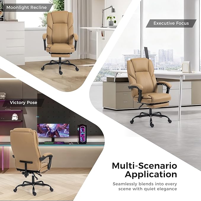 Office Chair with Footrest, Executive Breathable Leather Office Desk Chair with Lumbar Support - Ergonomic Comfy Wide Reclining Swivel Rolling Gaming Computer Chair with Adjustable 90-135° High Back