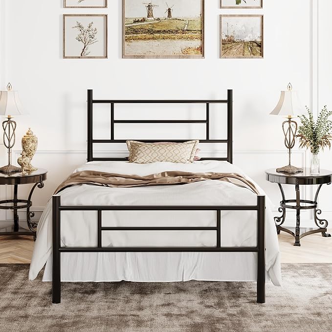 SHA CERLIN 14 Inch Twin Size Metal Bed Frame with Iron-Art Headboard and Footboard,Under Bed Storage Space,Platform Bed with Metal Slats Support,Easy Assembly,Noise Free,No Box Spring Needed,Black