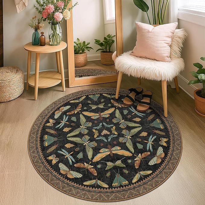 Black Boho 4ft Round Small Rugs for Entryway Non Slip - Washable Insect & Floral Rug for Living Room, Kitchen, Low Pile Soft Stain Resistant Carpet, Vintage Indoor Décor