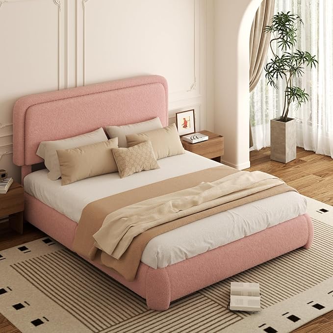 Queen Bed Frame, Teddy Velvet Boucle Bed Frame with 43.3"/45.3" Adjustable Upholstered Headboard, Rounded Corners, Mattress Foundation, No Box Spring Required, Pink
