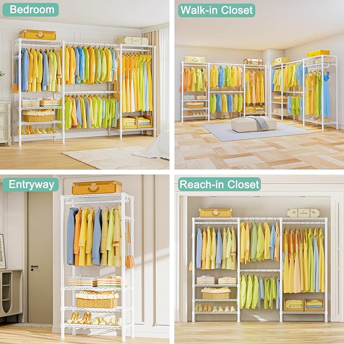 SEMHOR E06 Expandable Heavy Duty Clothes Rack for Reach-in Closet, Freestanding Clothing Racks with Shelves, Carbon Steel Closet Organizer System Adjustable from 70.8-93.9", Max Load 800LBS, White