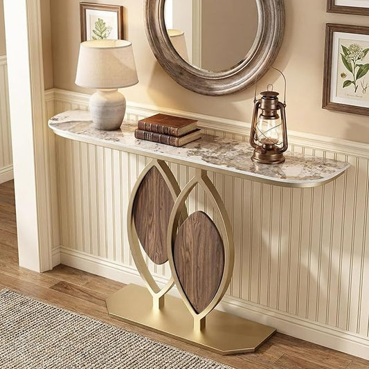 Stone Console Table Gold for Entryway, Modern Foyer Table Sofa Tables Narrow Long Stone Top for Living Room, Hallway Decor, Creative Styling(Gray,31.5"x11.8"x31.5")