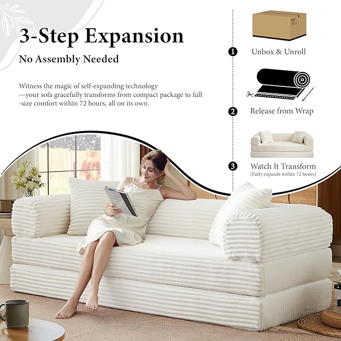 Boneless Couch Sofa Bed Sectional Couches for Living Room,Futon Cloud Couch with Sleeper Sofa,Sofas for Living Room Oversized Corduroy Upholstered (White)