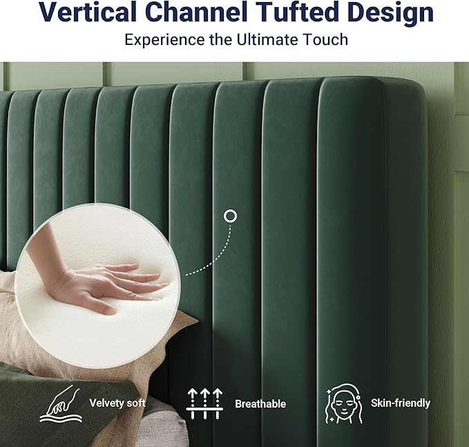 Allewie Twin Bed Frame, Velvet Upholstered Platform Bed with Adjustable Vertical Channel Tufted Headboard, Mattress Foundation with Strong Wooden Slats, Box Spring Optional, Easy Assembly, Green