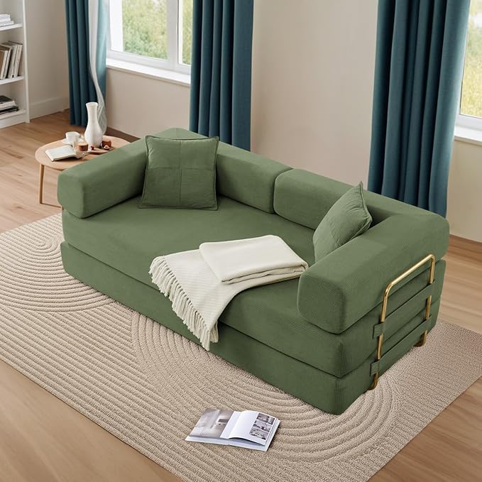 Antetek Convertible Futon Sofa Bed, 3-Seater Modern Corduroy Foam Floor King Size Bed Fold Out Sleeper Lounge Loveseat Sofa Couch with 2 Throw Pillows for Living Room Bedroom Guest Room, Army Green