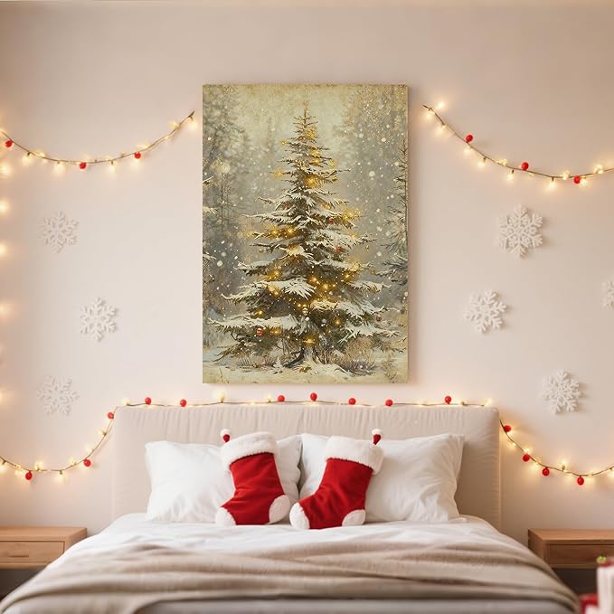 Framed Christmas Pictures Wall Decor,Vintage Pine Tree Prints,Winter Christmas Canvas Wall Art Decoration for Bedroom Bathroom Living Room Rustic Xmas Holiday Gifts (Christmas Tree 2, 20'' X 32'')