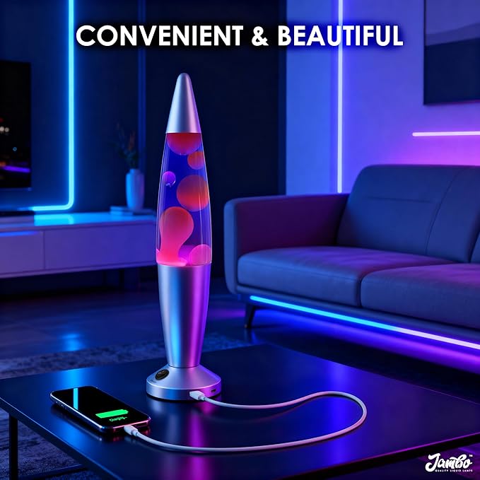 JAMBO Beautiful Liquid Lamp with USB Ports, 16" Motion Light with Blue Liquid Purple Wax, Relaxing Nightlight, Mood Light for Bedroom, Living Room, Office - Adults, Teens, Kids