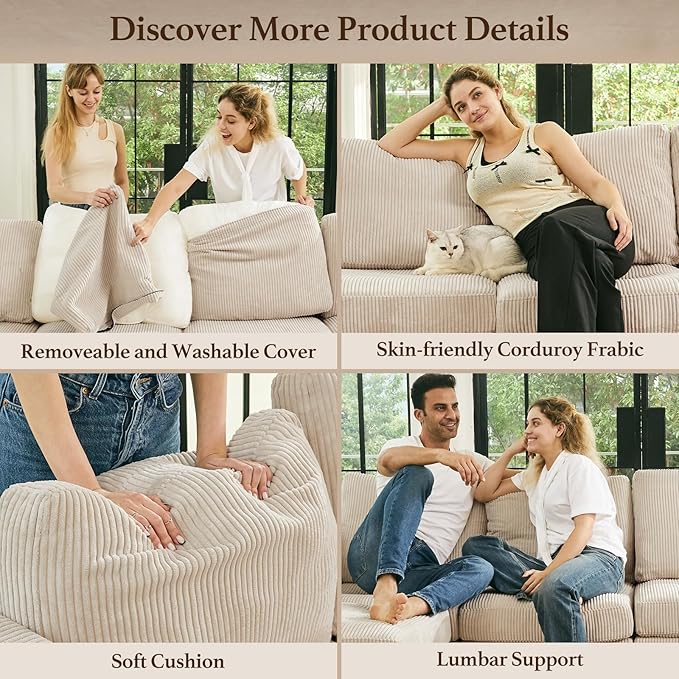 Modular Sectional Sofa U Shaped Couch with Storage Ottoman Corduroy Sectional Couch for Living Room, Beige