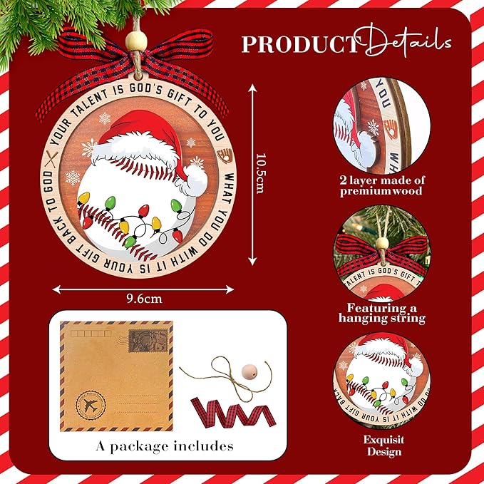 Baseball Christmas Ornaments 2025 - Baseball Ornaments For Christmas Tree - Gifts For Players, Coaches, Fans, Softball Lovers - 2 Layer Wooden Softball Ornament - Sport Lovers Hainging Decor Xmas Tree
