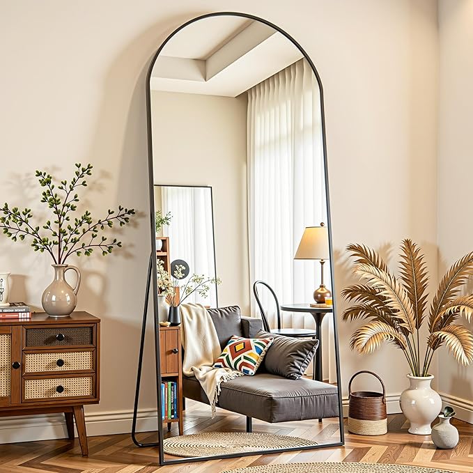Full Length Mirror, 64"x21" Arched Full Body Mirror, Floor Mirrors with Stand, Standing Hanging Leaning Against Wall,Aluminum Frame Mirrors for Bedroom Cloakroom,Living Room,Black