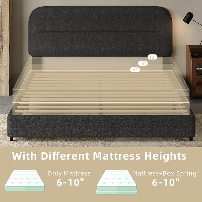 HOMBCK King Size Boucle Bed Frame, Upholstered Cloud Bed Frame with Headboard, Soft Platform Bed Frame with Thickened Footboard, Rounded Corners, No Box Spring Required, Easy Assembly, Black