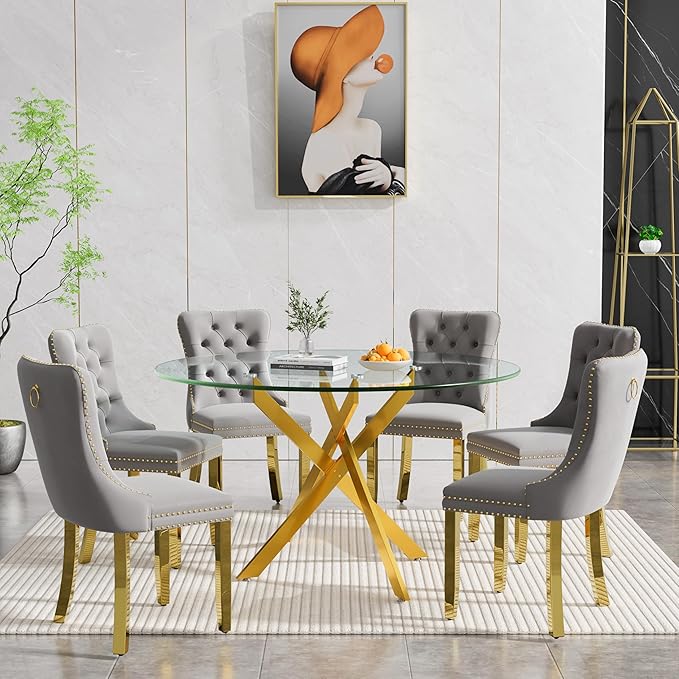 Goujxcy Round Dining Table Set for 6, Modern Glass Kitchen Table and Chairs Set of 6, 7-Piece Dining Room Table Set w/47 Circle Gold Glass Dining Table and 6 Upholstered Velvet Chairs