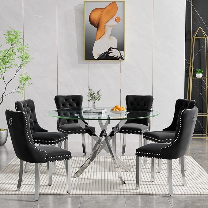 Goujxcy Round Dining Table Set for 6, Modern Glass Kitchen Table and Chairs Set of 6, 7-Piece Dining Room Table Set w/47 Circle Silver Glass Dining Table and 6 Upholstered Velvet Chairs