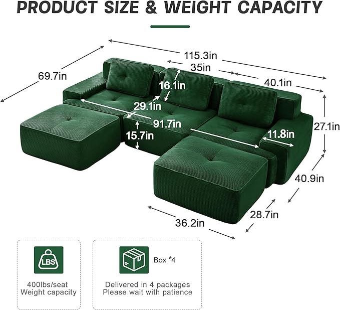 115" Modern Corduroy Cloud Sofa with Ottoman, U Shaped Boneless Modular Large Sectional Couches for Living Room, Green 3 Seater Compressed Memory Foam Couch, Extra Deep Seat, No Assembly