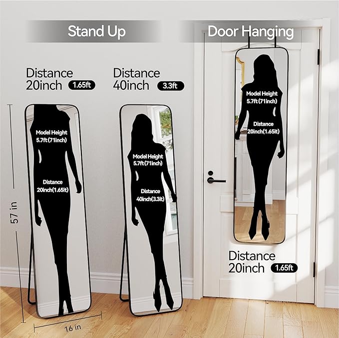 57x16 Door Hanging Full Length Mirror, Floor Stand (Height 5.7ft just Body in1.3ft) Wall Mounted Metal Frame Rectangle Dressing Mirrors for Bedroom Bathroom Room 57 inch Black