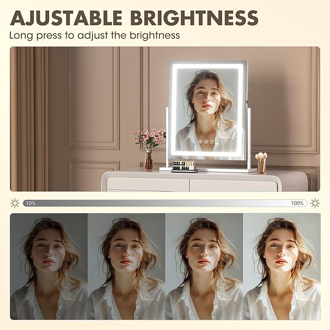 Hasipu Vanity Mirror with Lights, 16" x 20" LED Makeup Mirror, Light up Mirror with Smart Touch 3 Color Modes and Brightness Adjustment, 10X Magnifying Glass,360° Rotation