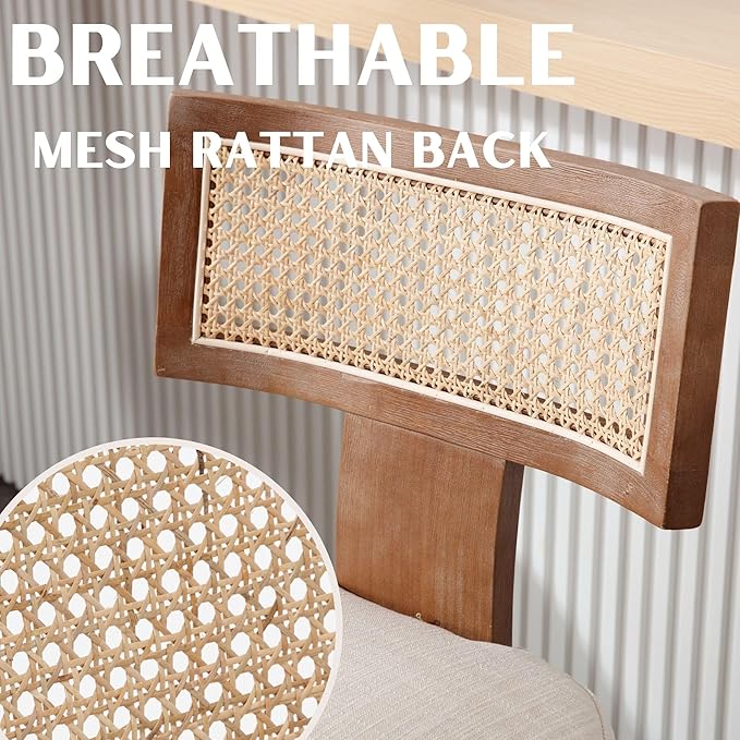 Rattan Dining Chairs Set of 2, Modern Dining Chairs, Kitchen Dining Room Chair, Curved Cane Back Upholstered Linen Fabric Dining Chair with Wood Frame, Beige