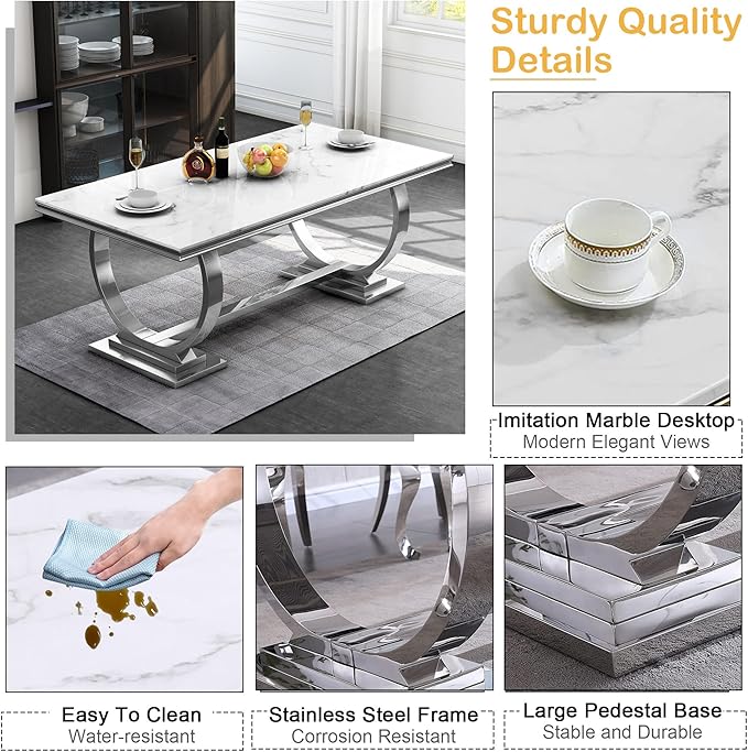 Goujxcy 7 Piece Marble Dining Table Set for 6, Luxury White Marble Silver Kitchen Table with 6 Blue Velvet Upholstered Chairs, Modern 6 Person Dining Room Table Set for Kicken Dining Office Room