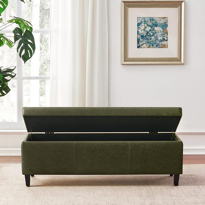 HUIMO Faux Leather Storage Ottoman Bench 50.3 Inch Extra Long PU Upholstered Bedroom Bench with Large Storage Space for The Living Room, Entryway, Bedroom Hold Up to 300lbs (Green)