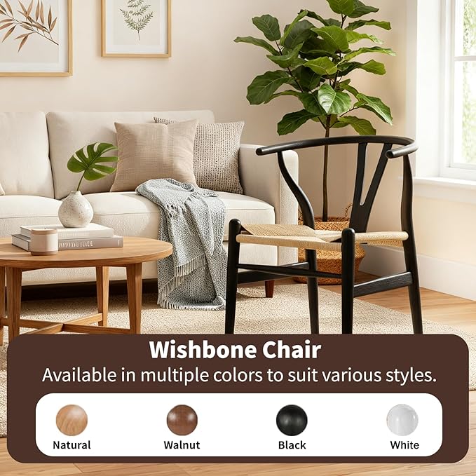 Wishbone Chair Natural Solid Wood Dining Chair/Hans Wegner Y Chair Rattan and Wood Accent Armrest Chairs - Ash Wood Chairs Set of 1 (Ash Wood - Black + Natural Color)