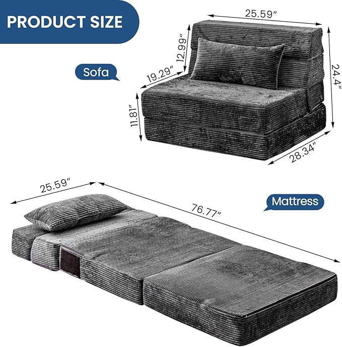 Folding Sofa Bed, Convertible Sleeper Chair with Pillow, High Density Memory Foam Fold Out Couch, Foldable Mattress Futon Sofa for Living Room/Dorm/Guest Use/Apartment/Home Office