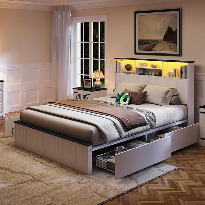 Yoobure Queen Bed Frame with Headboard - Farmhouse Wood Bed Frames Queen Size with 4 Storage Drawers, Platform Beds with Charging Station & LED Light, No Noise Double Bedframe, No Box Spring Needed