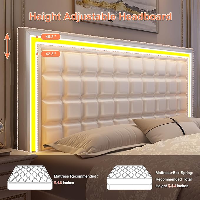 Full Led Bed Frame with 4 Storage Drawers, Bed with Led Lights No Box Spring Needed, Supports 900 lbs, Easy Assembly, Quiet and Sturdy Design, PU White