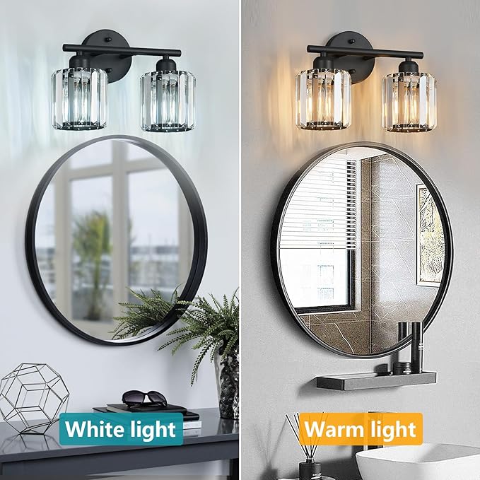Modern 2 Light Crystal Vanity Light, Black Vertical Bathroom Light Fixture Over Mirror for Dressing Table Sink, Compatible with Dimmable Bulbs (Bulbs Not Included)