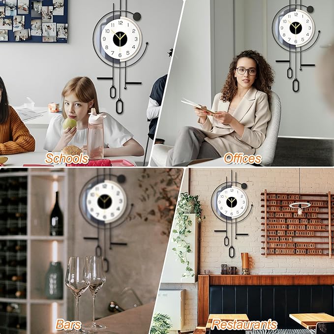 Modern Wall Clock - Large Decorative Metal Wall Clock with Pendulum Silent Non-Ticking Battery Operated Wall Decor for Living Room Office Bedroom Kitchen Hunting Household (16.5 * 34.7in)