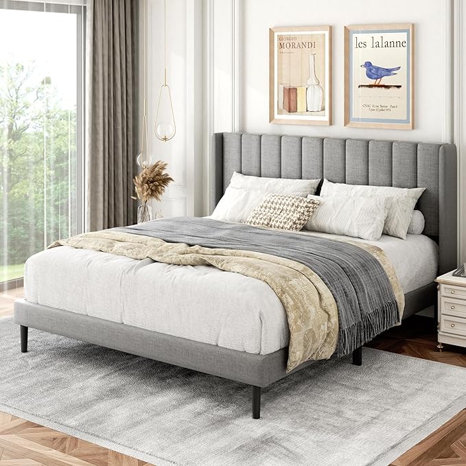 Queen Size Bed Frame with Upholstered Wingback Headboard, Easy Assemnly Platform Bed, Wooden Slat Support No Box Spring Needed, Light Gray