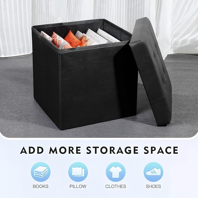 B FSOBEIIALEO Folding Storage Ottoman Cube Footrest Faux Leather for Living Room Seat Chest Black 12.6"X12.6"X12.6"