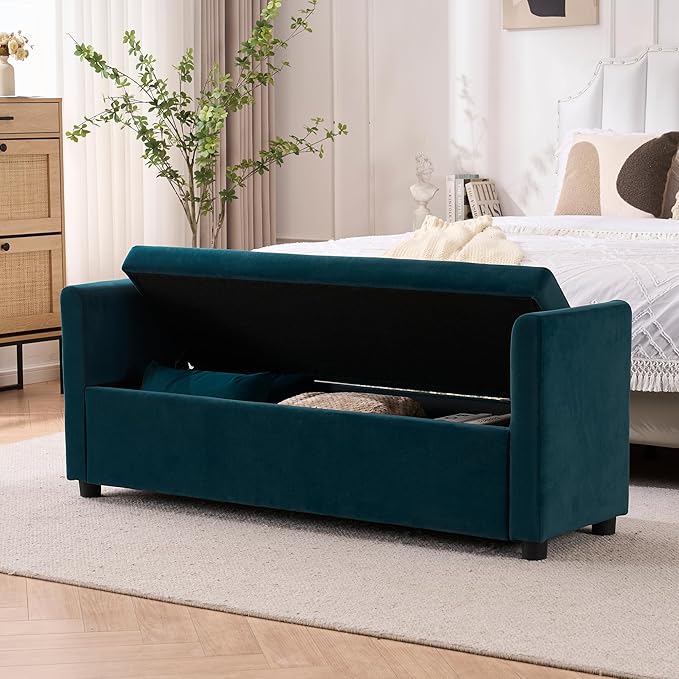 Velvet Storage Bench for Bedroom, 55" End of Bed Bench for King Size Bed, Modern Upholstered Long Ottoman Bench with Arms and 2 Pillows for Living Room/Entryway (Teal/Blue-Green)