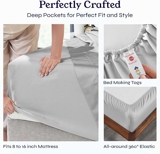 California Design Den 6-Pc Queen Size Sheet Set with 4 Pillowcases - 400 Thread Count 100% Cotton Sheets, Cooling Sateen Weave, Luxury Deep Pocket Bedsheets Set - Light Grey