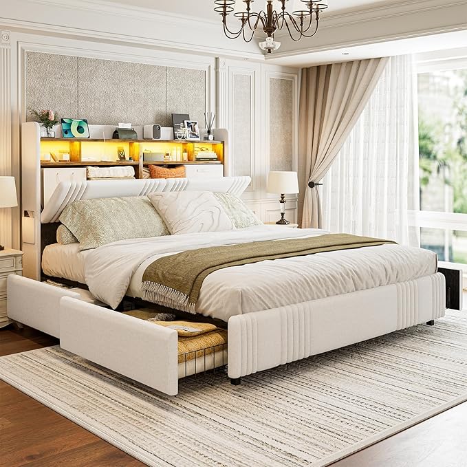 IKIFLY King Size Bed Frame with Hidden Storage Headboard & 4 Drawers, 49.2” Tall Upholstered Wingback Headboard with LED Lights and Charging Station, No Box Spring Needed, Solid Wood Slats, White