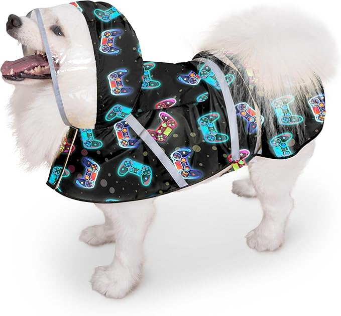 Dog Raincoat, Adjustable Dog Rain Jacket with Clear Hooded Double Layer for Large Medium Small Dogs Puppies, Waterproof Rain Coat Poncho Game Controller, Black-L