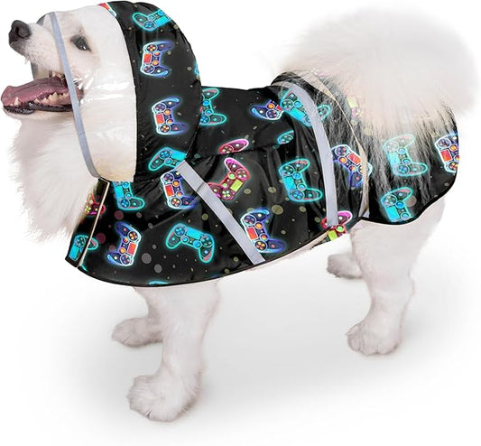 Dog Raincoat, Adjustable Dog Rain Jacket with Clear Hooded Double Layer for Large Medium Small Dogs Puppies, Waterproof Rain Coat Poncho Game Controller, Black-L