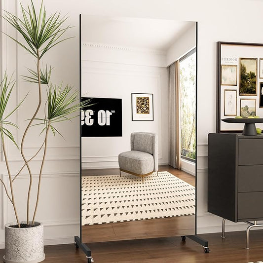 Full Length Mirror with Wheels, 71 "x 40", Black, Nano Film Material Without Glass, shatterproof, Safe, Lightweight, only 13lbs Easy to Move and Install, for Home Gym, Dance & Yoga Studios.