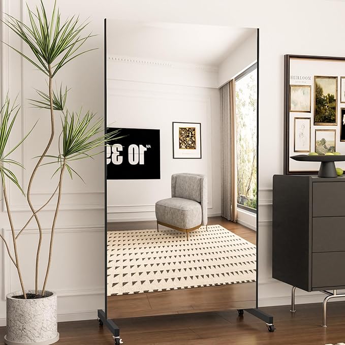 Full Length Mirror with Wheels, 79" x 44", Black, Nano Film Material Without Glass, shatterproof, Safe, Lightweight, only 16lbs Easy to Move and Install, for Home Gym, Dance & Yoga Studios.