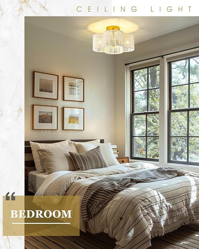 Rattan Light Fixtures Ceiling Mount, 4-Light 14" Boho Semi Flush Mount Ceiling Light with White Hand-Woven Shade in Quatrefoil Shape for Kitchen Nursery Bedroom, Gold, AD-22007-4SF-RA-WH