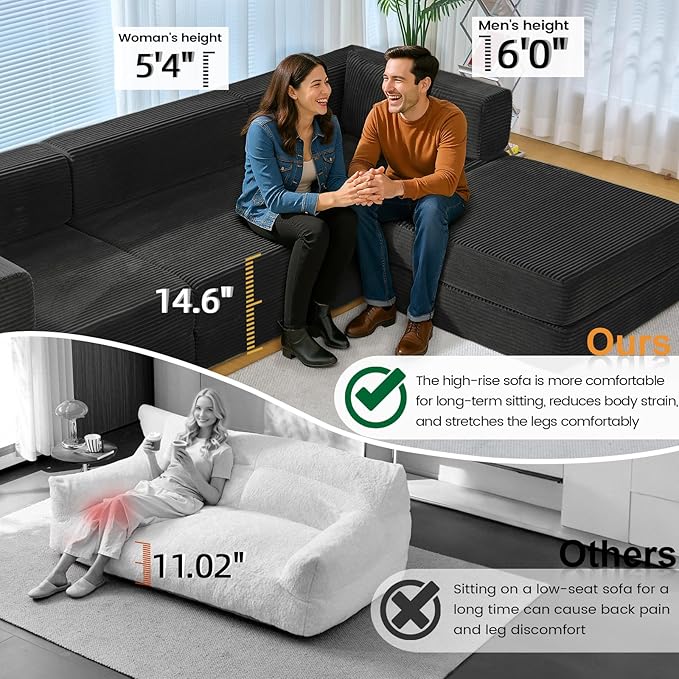 Folding Sofa Bed Convertable Corduroy Couch King Size Floor Sleeper 4-in-1 DIY Combination Modular Sofa Fold Out Futon Lounge Comfy Foldable Lazy cama for Living Room (Black)